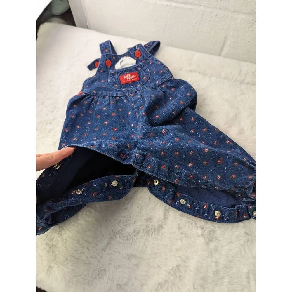 OshKosh Vintage Overalls Long Denim Red‎ Hearts Vestbak Size 12 M B'Gosh Made in